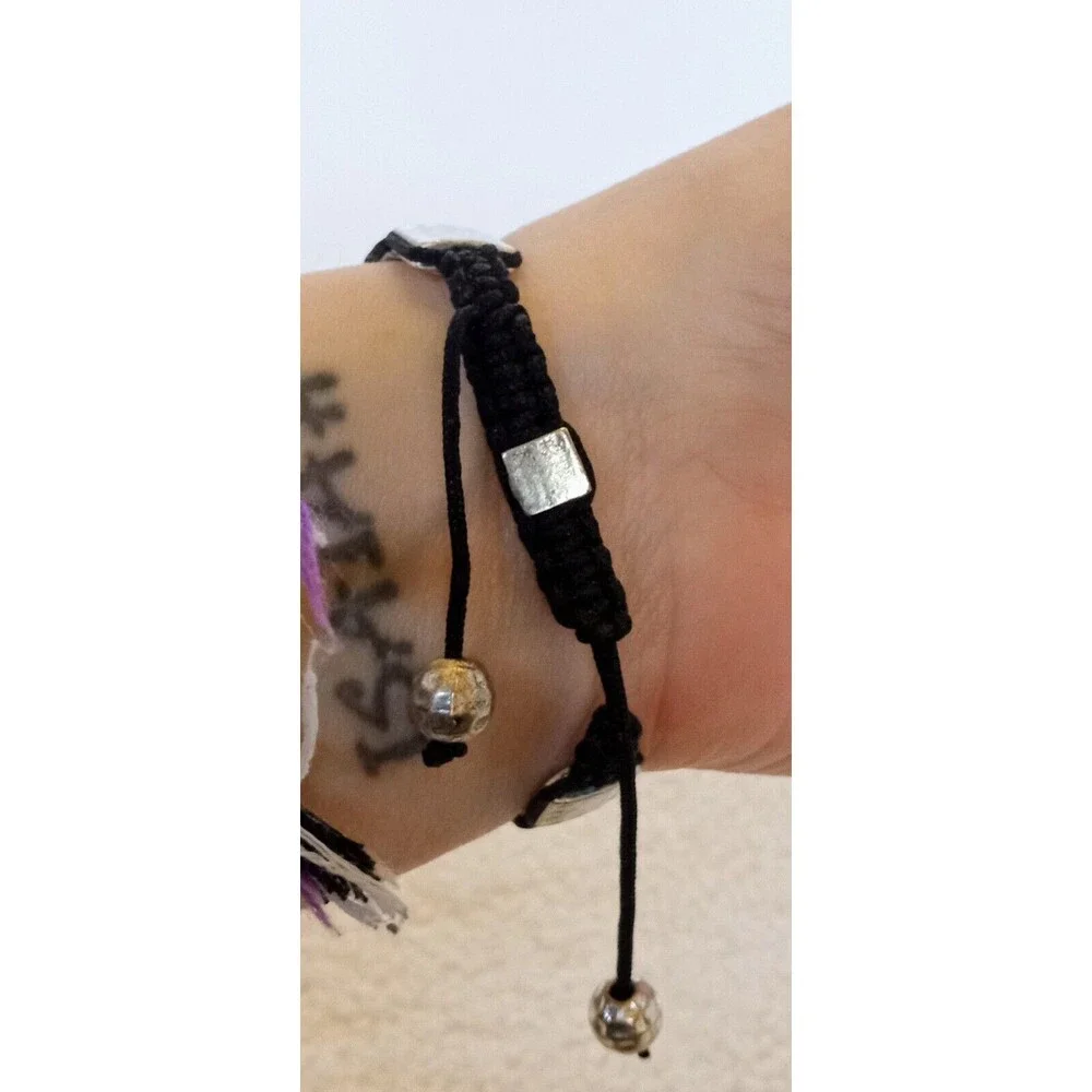 Men's Flat Hammered Silvertone Bead Corded Bracelet 6-10 in Adj